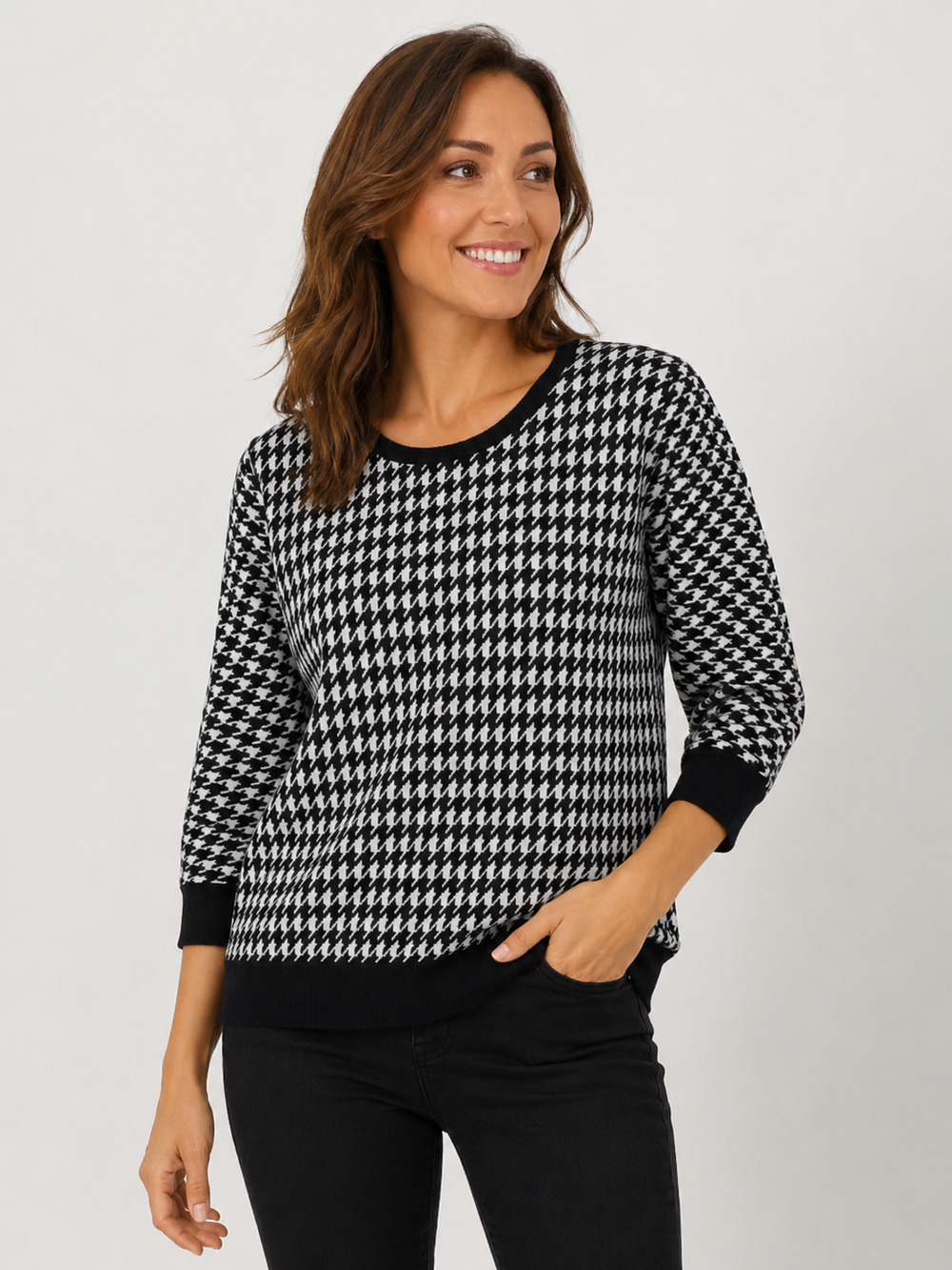 Y2K Carolyn Taylor Womens Sweater Size XL Dolman Houndstooth Pullover Black